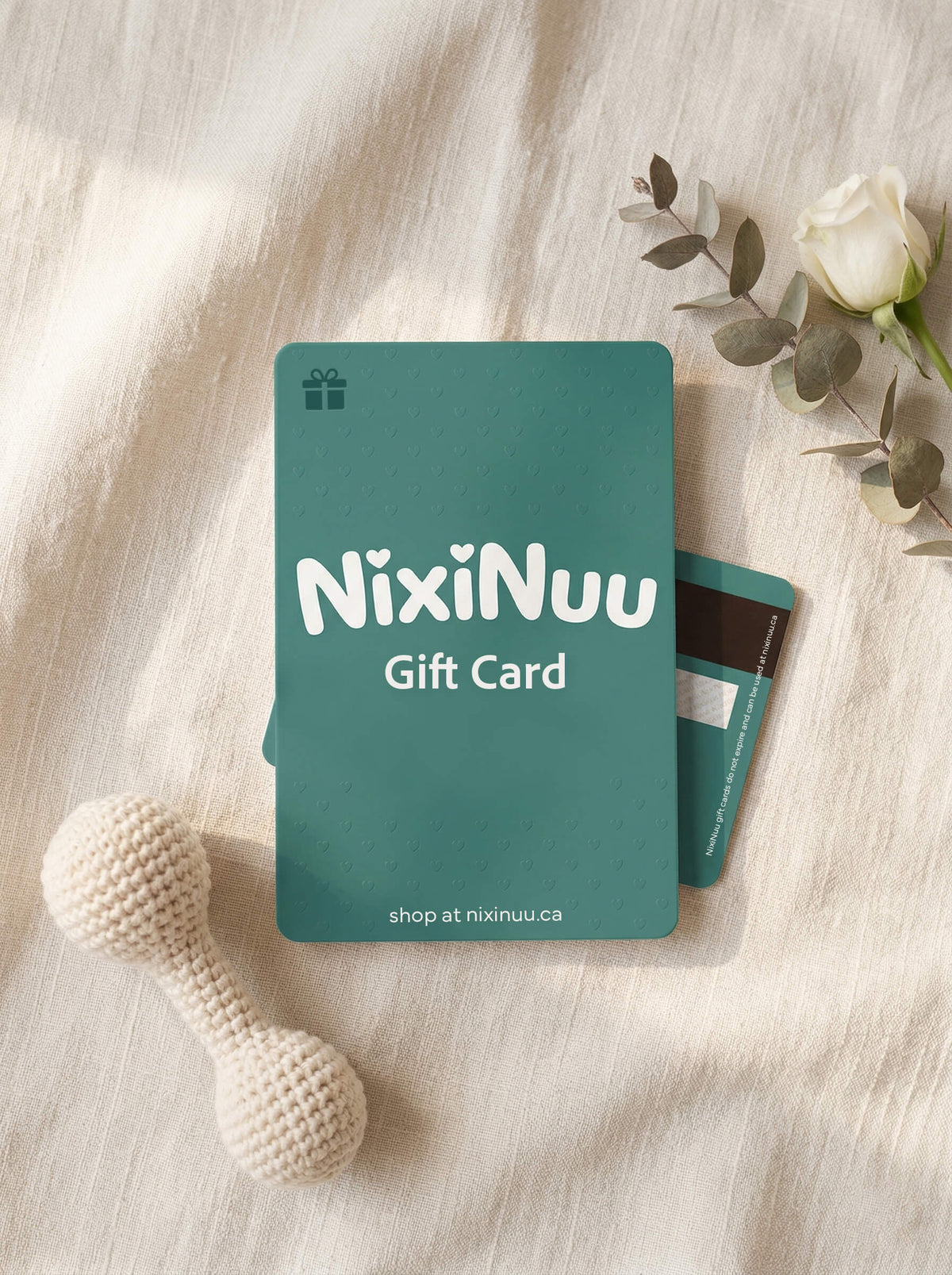 NixiNuu gift card on a light surface with a dog toy and flowers.