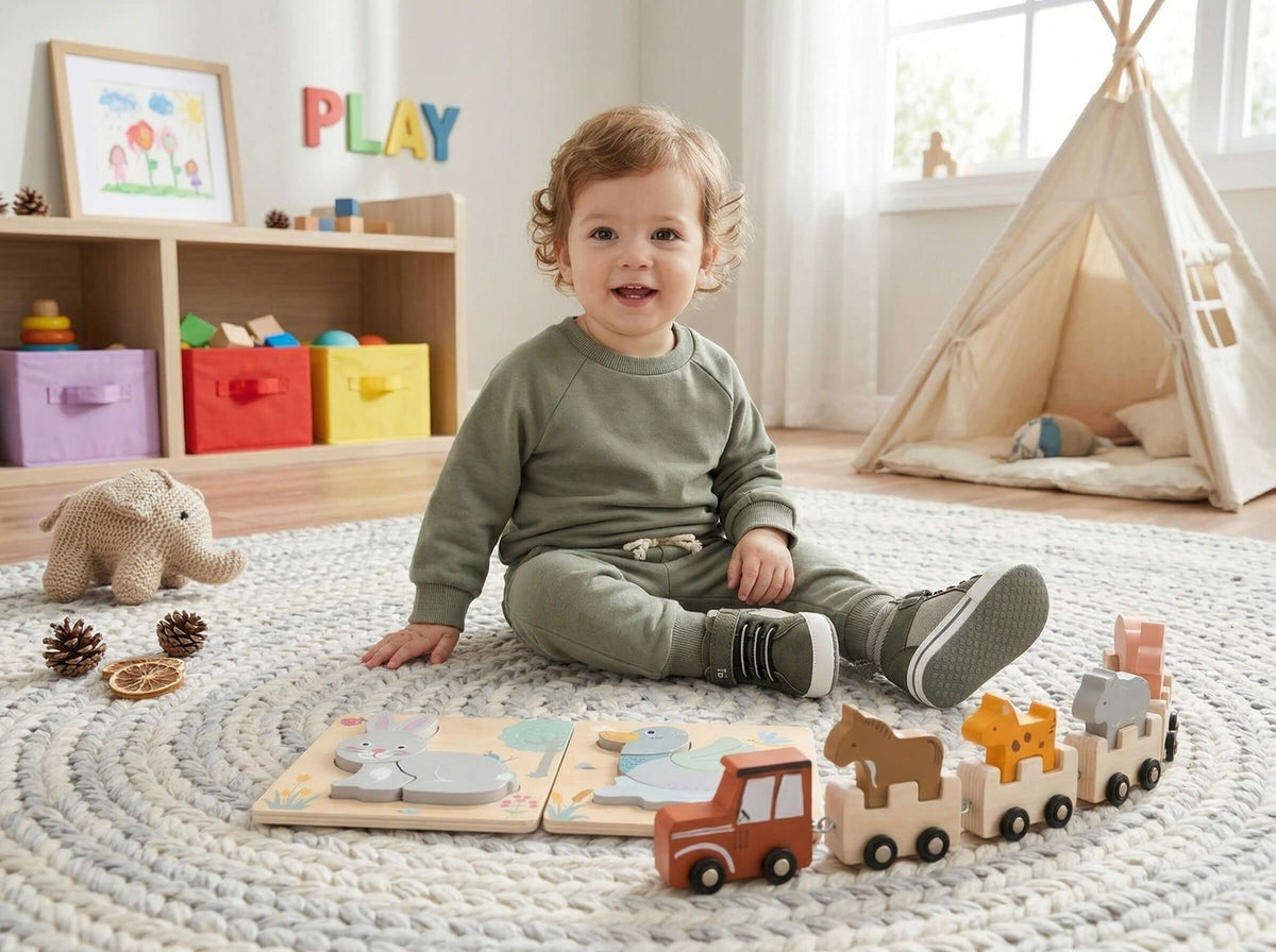 Child playing with wooden toys on a rug in a playroom