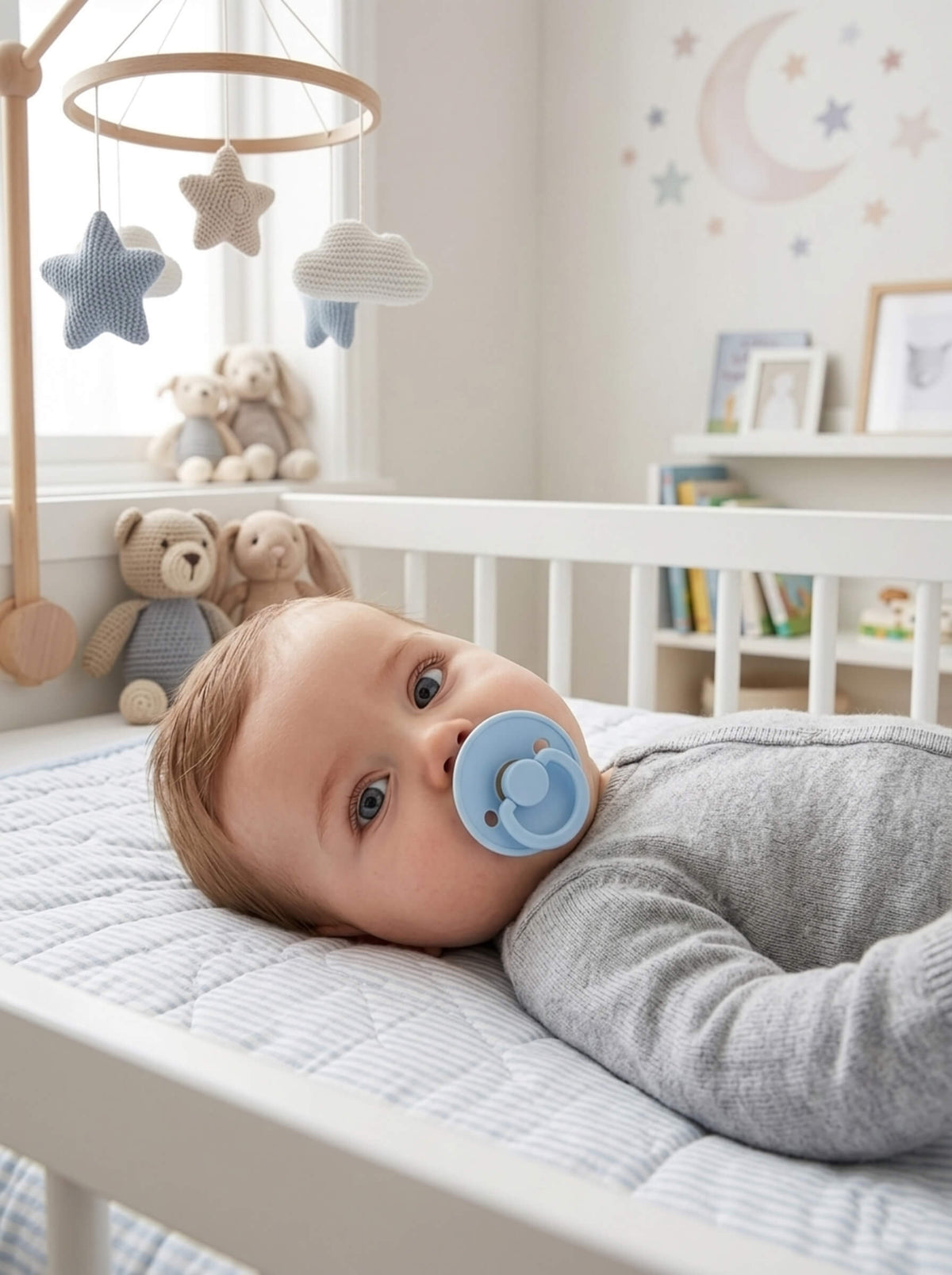 Baby lying in a crib with a pacifier, surrounded by toys and books in a nursery.